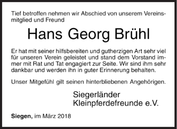 Traueranzeige von Hans Georg Brühl von Siegener Zeitung