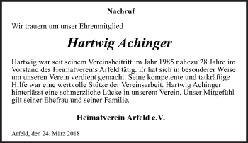 Traueranzeige von Hartwig Achinger von Siegener Zeitung