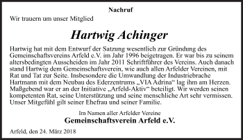 Traueranzeige von Hartwig Achinger von Siegener Zeitung