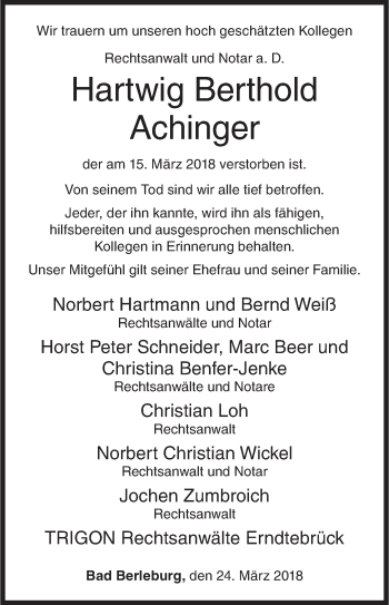 Traueranzeige von Hartwig Berthold Achinger von Siegener Zeitung