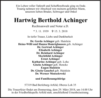 Traueranzeige von Hartwig Berthold Achinger von Siegener Zeitung