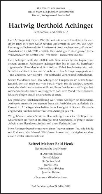 Traueranzeige von Hartwig Berthold Achinger von Siegener Zeitung