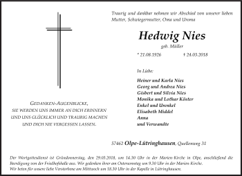 Traueranzeige von Hedwig Nies von Siegener Zeitung