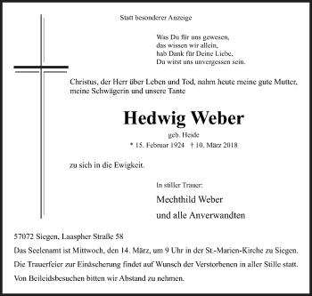 Traueranzeige von Hedwig Weber von Siegener Zeitung