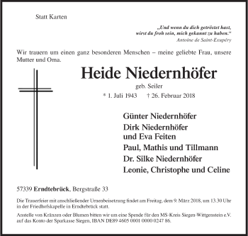 Traueranzeige von Heide Niedernhöfer von Siegener Zeitung