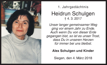Traueranzeige von Heidrun Schulgen von Siegener Zeitung