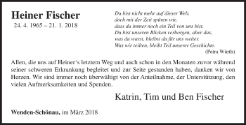Traueranzeige von Heiner Fischer von Siegener Zeitung