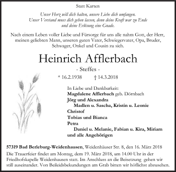 Traueranzeige von Heinrich Afflerbach von Siegener Zeitung