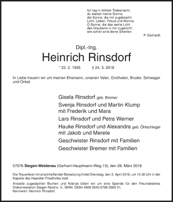 Traueranzeige von Heinrich Rinsdorf von Siegener Zeitung