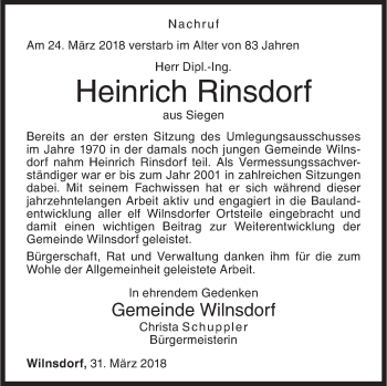 Traueranzeige von Heinrich Rinsdorf von Siegener Zeitung