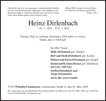 Traueranzeige von Heinz Dirlenbach von Siegener Zeitung