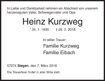 Traueranzeige von Heinz Kurzweg von Siegener Zeitung