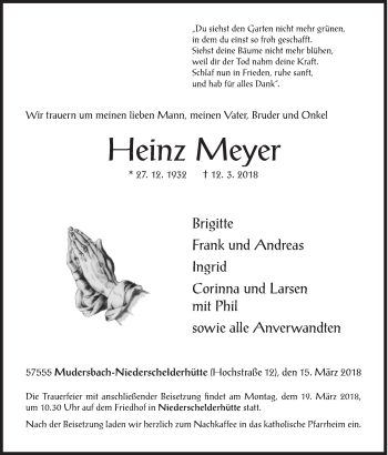 Traueranzeige von Heinz Meyer von Siegener Zeitung