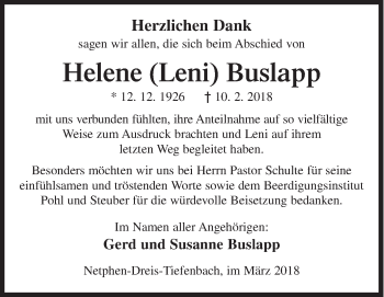 Traueranzeige von Helene Buslapp von Siegener Zeitung