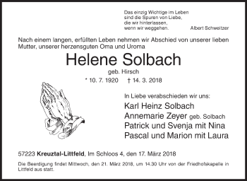 Traueranzeige von Helene Solbach von Siegener Zeitung