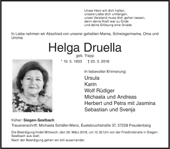 Traueranzeige von Helga Druella von Siegener Zeitung