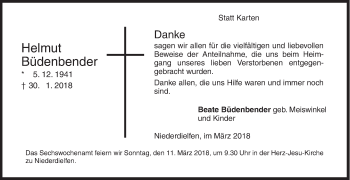 Traueranzeige von Helmut Büdenbender von Siegener Zeitung