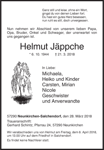 Traueranzeige von Helmut Jäppche von Siegener Zeitung