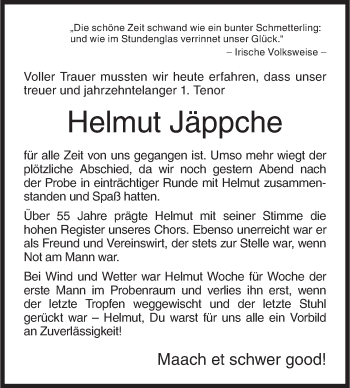 Traueranzeige von Helmut Jäppche von Siegener Zeitung