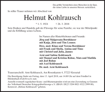 Traueranzeige von Helmut Kohlrausch von Siegener Zeitung