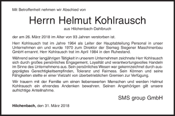 Traueranzeige von Helmut Kohlrausch von Siegener Zeitung