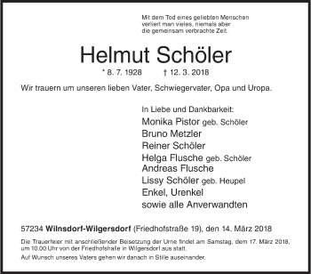 Traueranzeige von Helmut Schöler von Siegener Zeitung