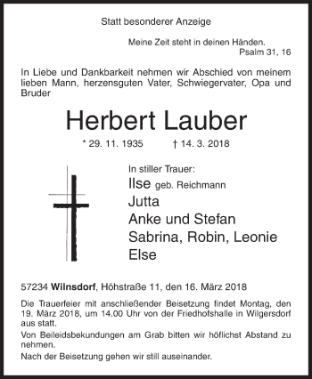 Traueranzeige von Herbert Lauber von Siegener Zeitung