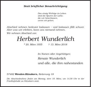 Traueranzeige von Herbert Wunderlich von Siegener Zeitung