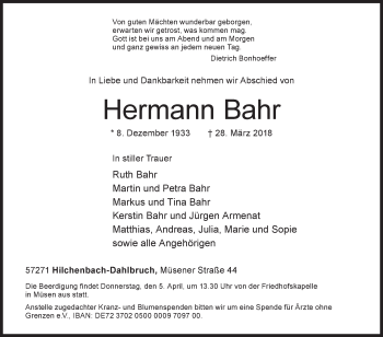 Traueranzeige von Hermann Bahr von Siegener Zeitung