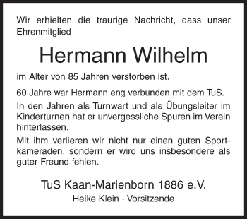 Traueranzeige von Hermann Wilhelm von Siegener Zeitung