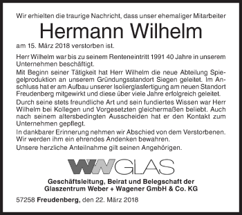 Traueranzeige von Hermann Wilhelm von Siegener Zeitung