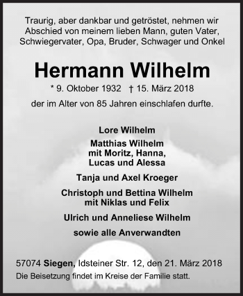 Traueranzeige von Hermann Wilhelm von Siegener Zeitung