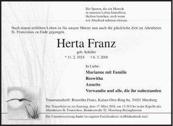 Traueranzeige von Herta Franz von Siegener Zeitung
