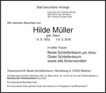 Traueranzeige von Hilde Müller von Siegener Zeitung