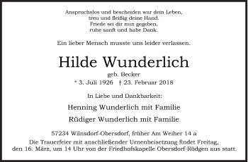 Traueranzeige von Hilde Wunderlich von Siegener Zeitung