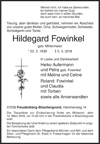 Traueranzeige von Hildegard Fowinkel von Siegener Zeitung
