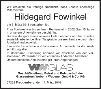 Traueranzeige von Hildegard Fowinkel von Siegener Zeitung