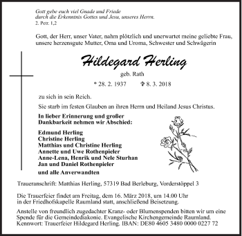 Traueranzeige von Hildegard Herling von Siegener Zeitung