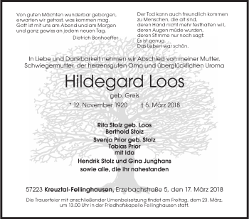 Traueranzeige von Hildegard Loos von Siegener Zeitung