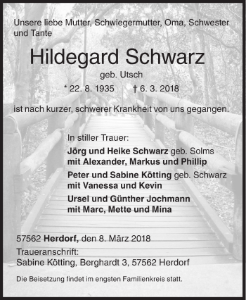 Traueranzeige von Hildegard Schwarz von Siegener Zeitung
