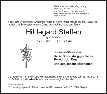 Traueranzeige von Hildegard Steffen von Siegener Zeitung