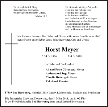 Traueranzeige von Horst Meyer von Siegener Zeitung