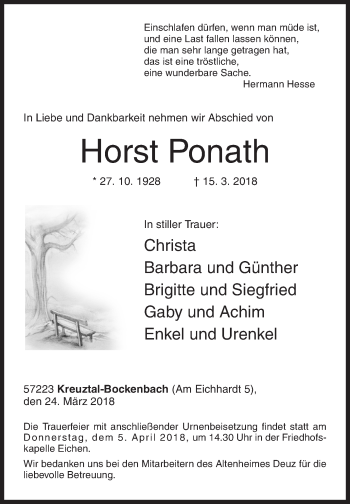 Traueranzeige von Horst Ponath von Siegener Zeitung