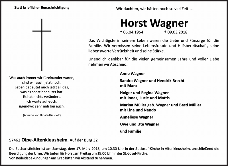  Traueranzeige für Horst Wagner vom 13.03.2018 aus Siegener Zeitung