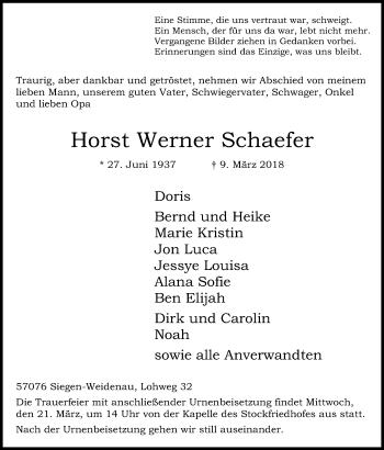 Traueranzeige von Horst Werner Schaefer von Siegener Zeitung