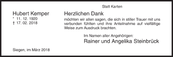Traueranzeige von Hubert Kemper von Siegener Zeitung