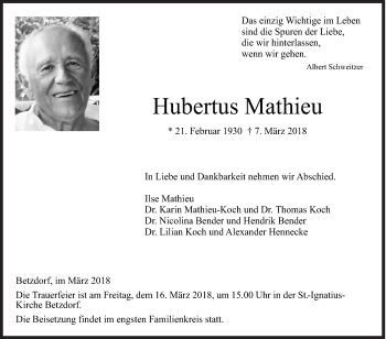 Traueranzeige von Hubertus Mathieu von Siegener Zeitung