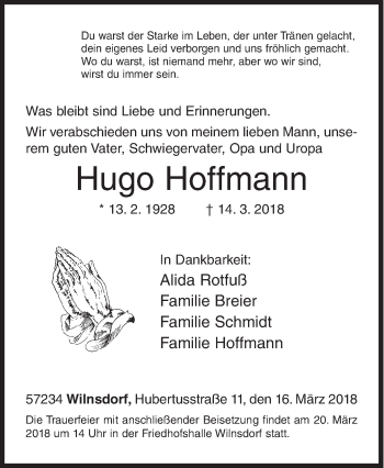 Traueranzeige von Hugo Hoffmann von Siegener Zeitung