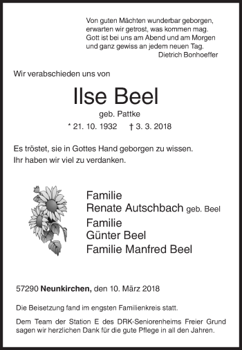 Traueranzeige von Ilse Beel von Siegener Zeitung