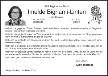 Traueranzeige von Imelde Bignami-Linten von Siegener Zeitung
